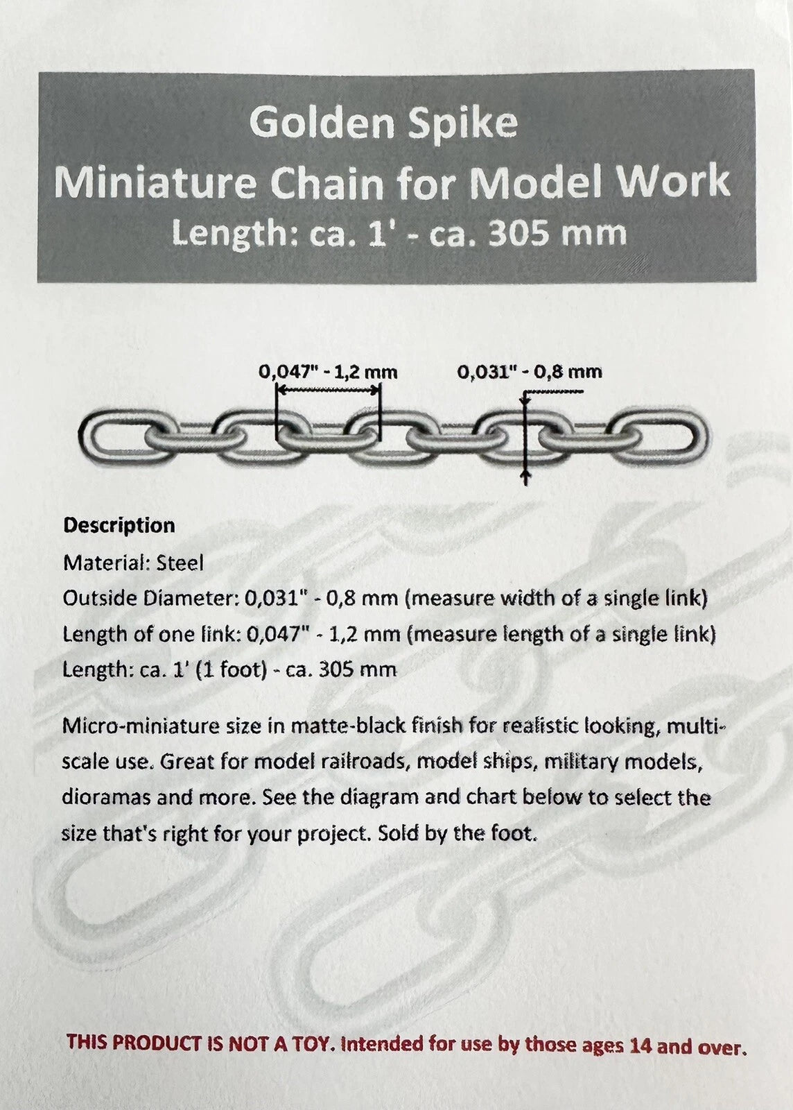 HO Scale Steel Chain - 12" 30 Links per Inch - Dark Metal -Golden Spike Hobbies